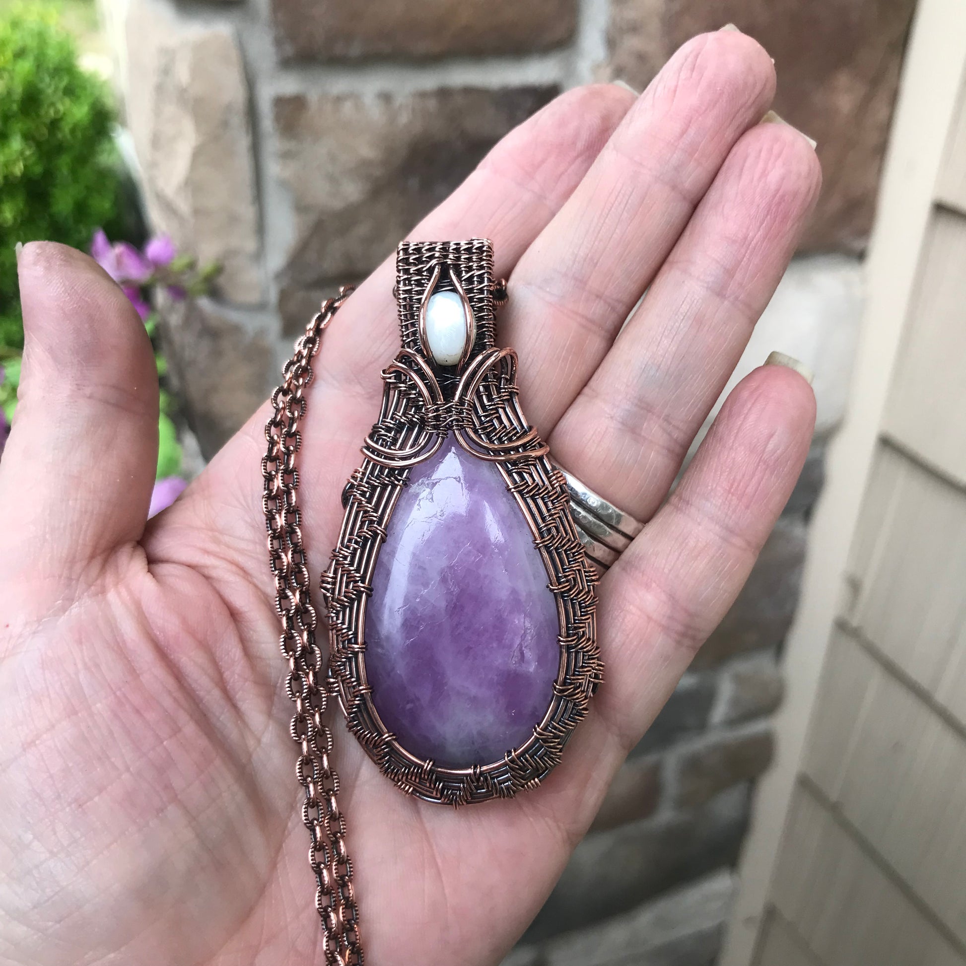 Kunzite & Mother of Pearl Woven Copper Necklace