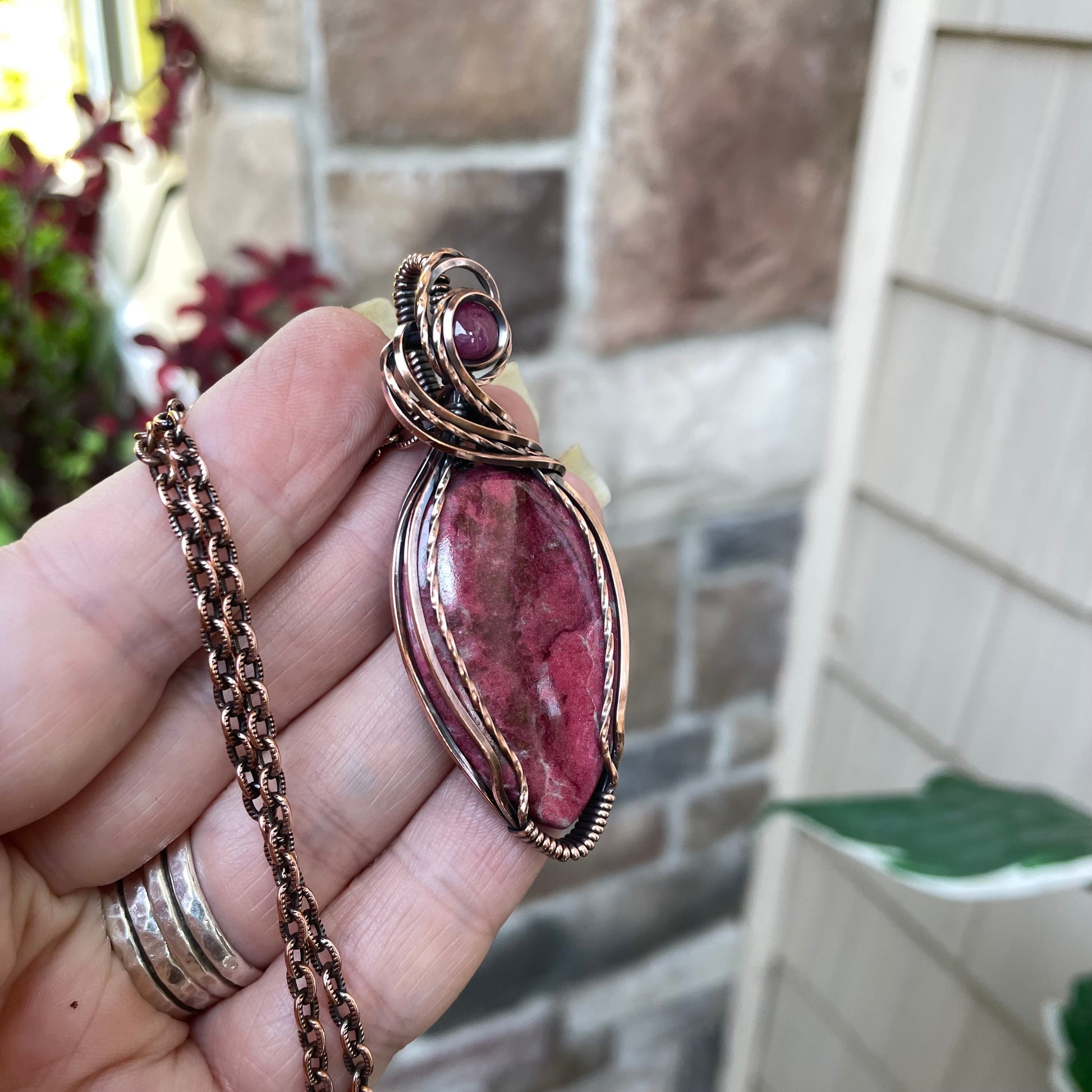 Thulite & Pink Sapphire Copper Necklace