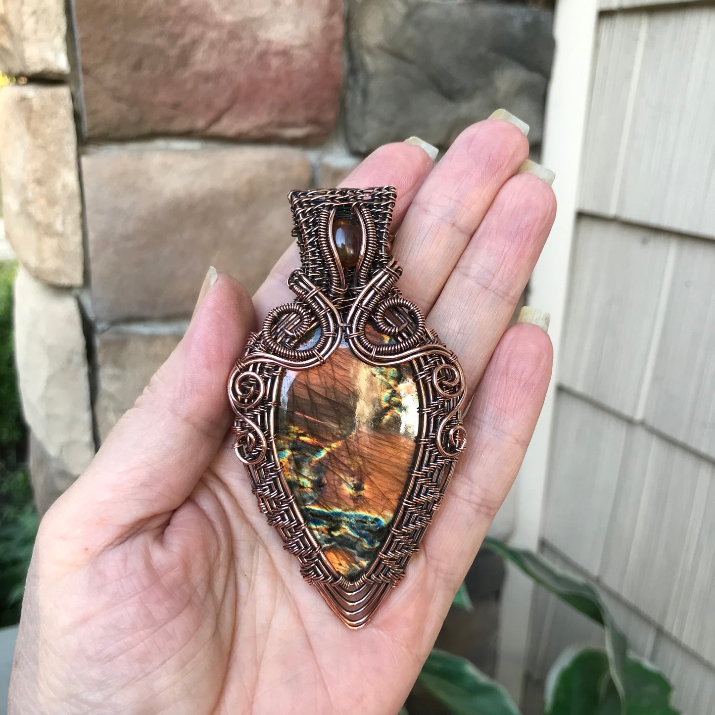 Golden Brown Labradorite & Amber Wire Weave Copper Pendant