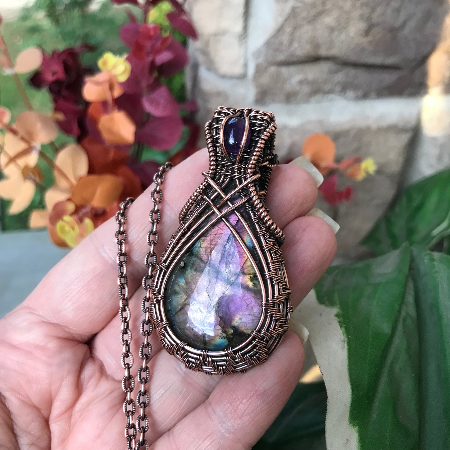 Purple Labradorite & Amethyst Criss Cross Copper Necklace
