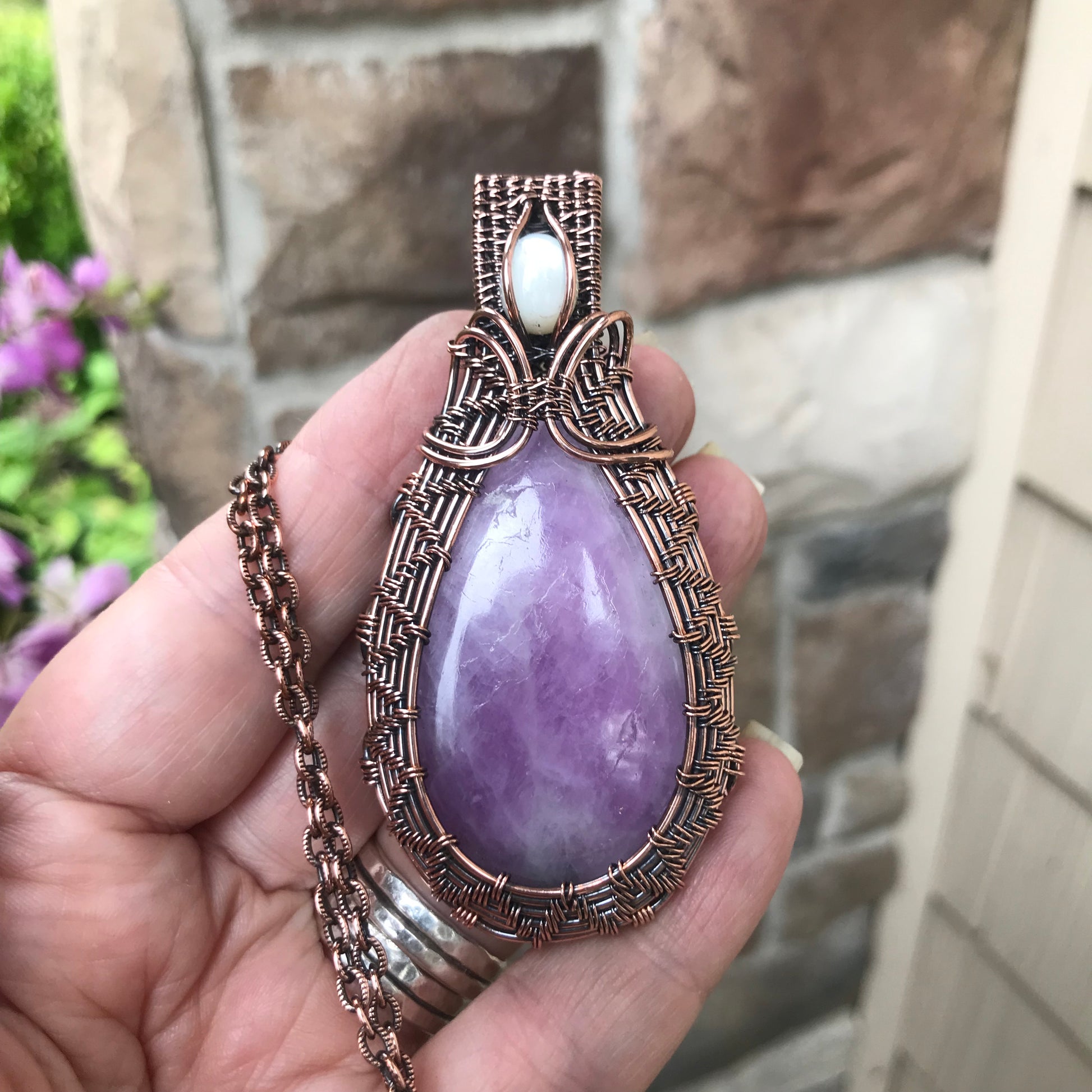 Kunzite & Mother of Pearl Woven Copper Necklace