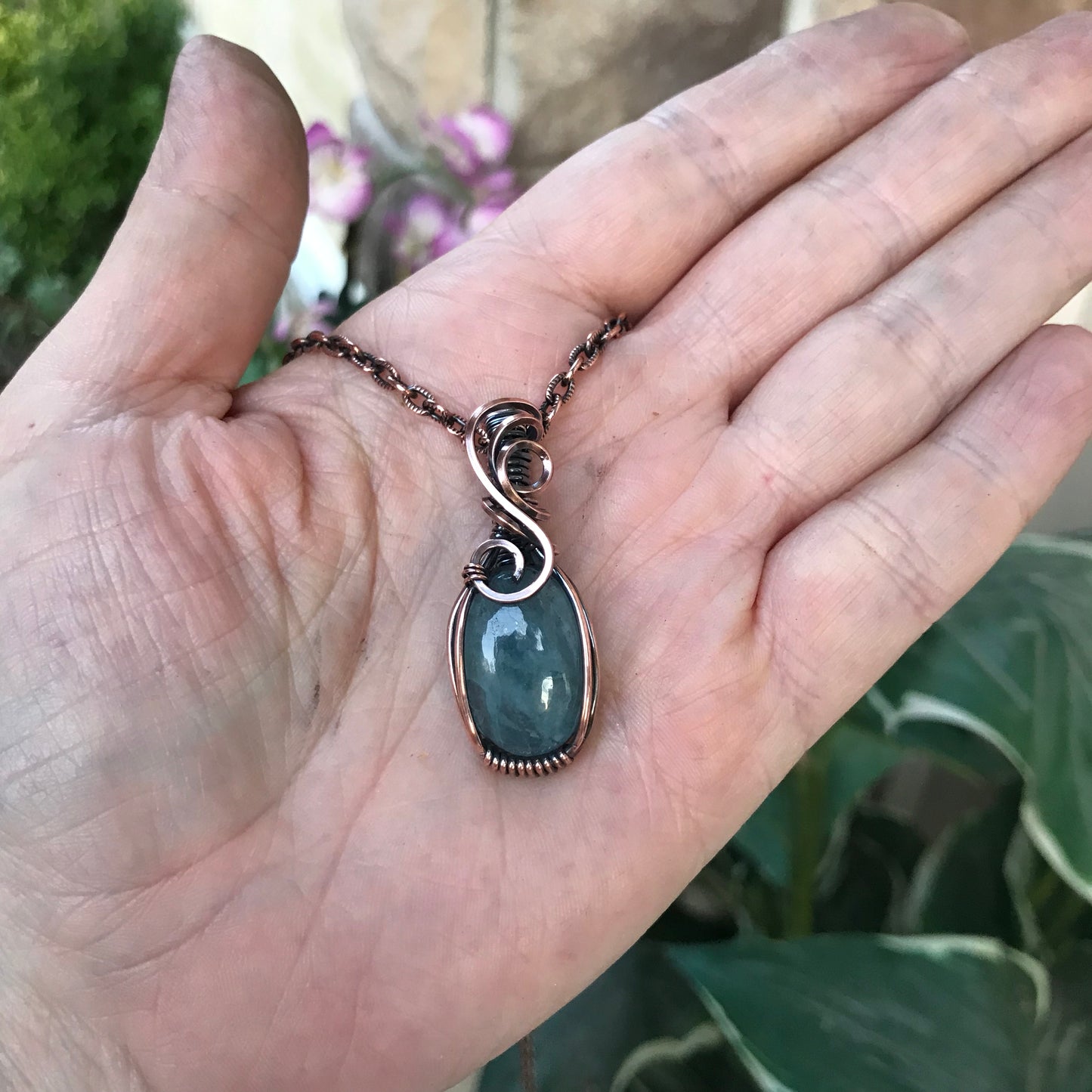 Aquamarine Oval Swirly Copper Necklace