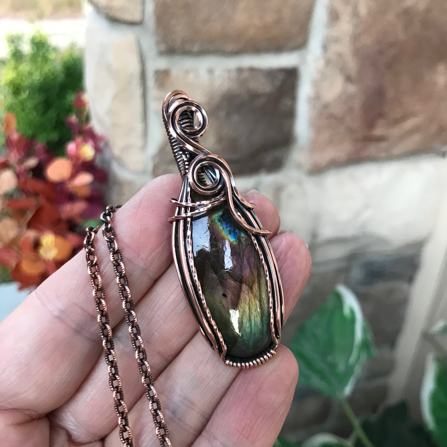 Rainbow Labradorite Slender Oval Swirly Copper Pendant