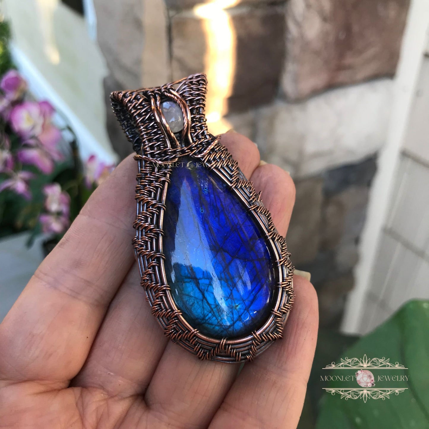 Blue Labradorite & Moonstone Copper Wire Weave Necklace