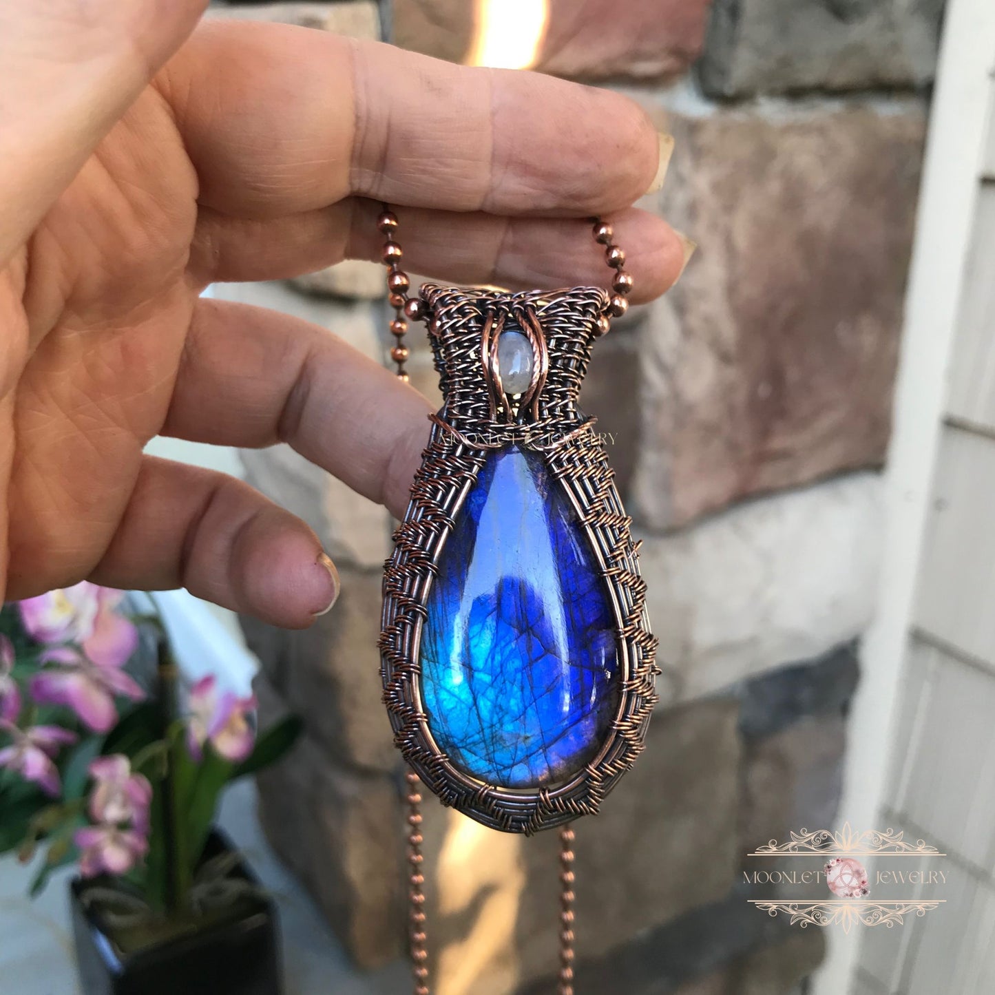 Blue Labradorite & Moonstone Copper Wire Weave Necklace