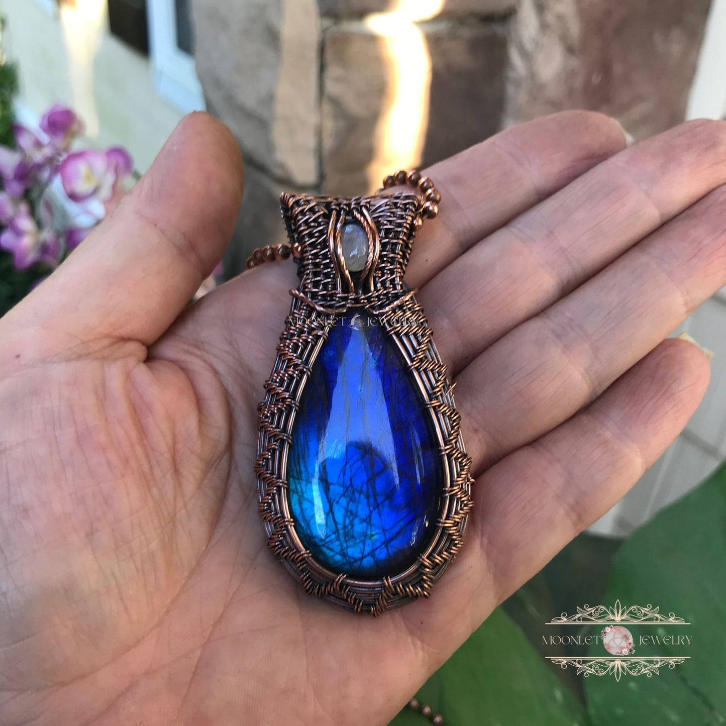 Blue Labradorite & Moonstone Copper Wire Weave Necklace