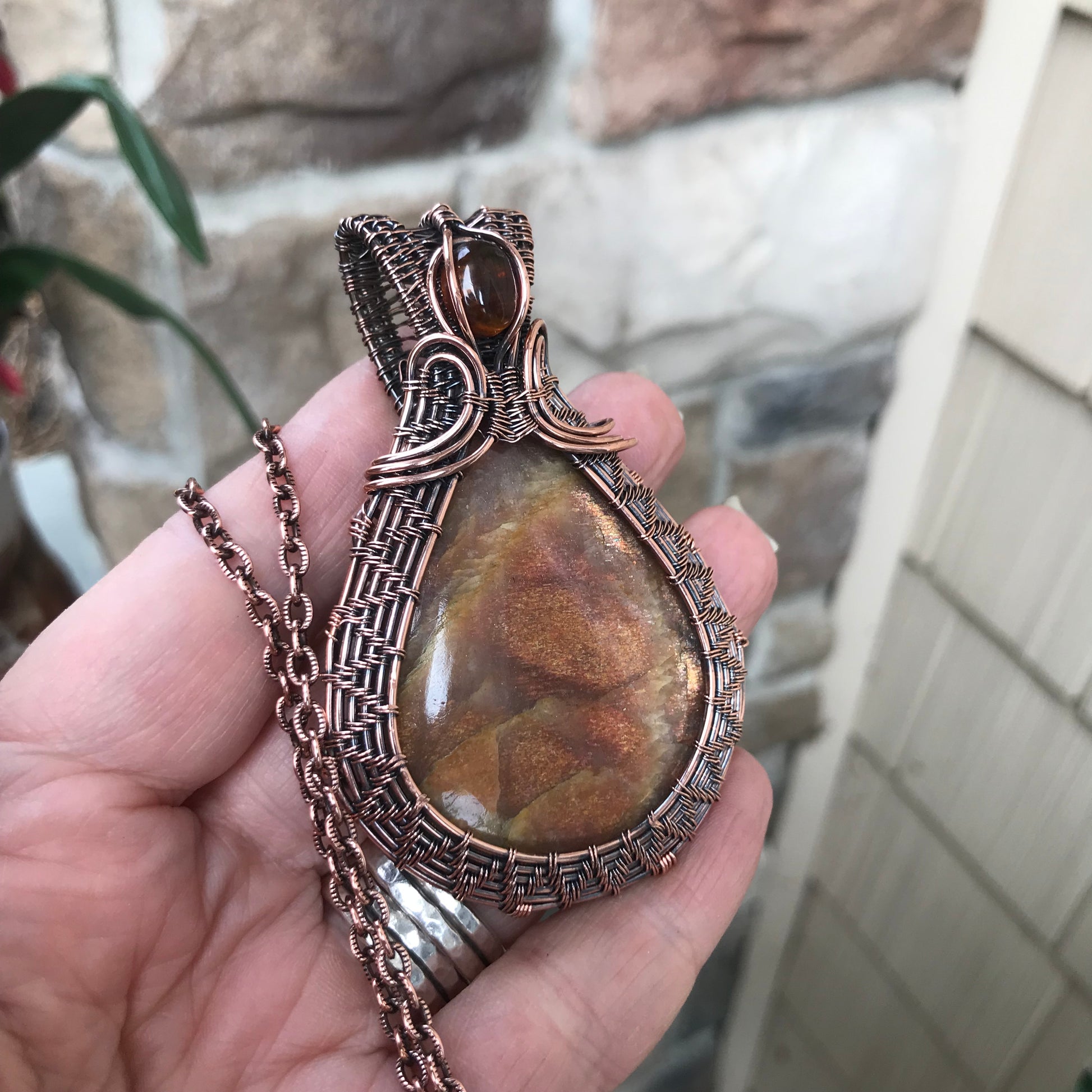 Sunstone & Amber Copper Woven Pendant