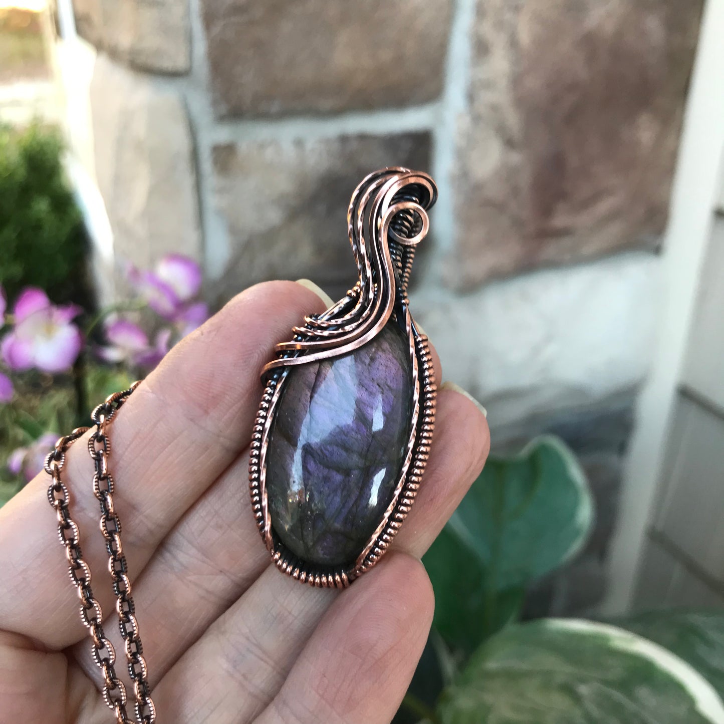 Purple Labradorite Textured Oval Copper Pendant