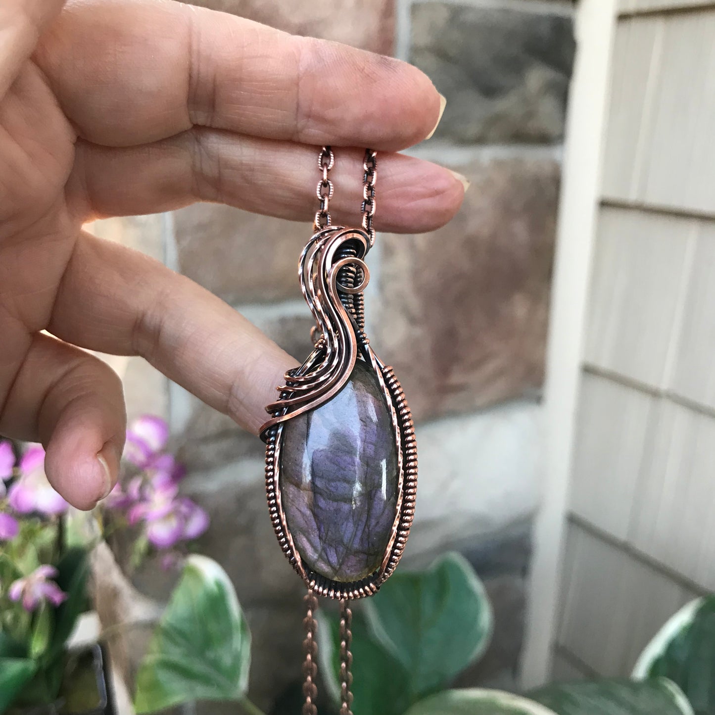 Purple Labradorite Textured Oval Copper Pendant