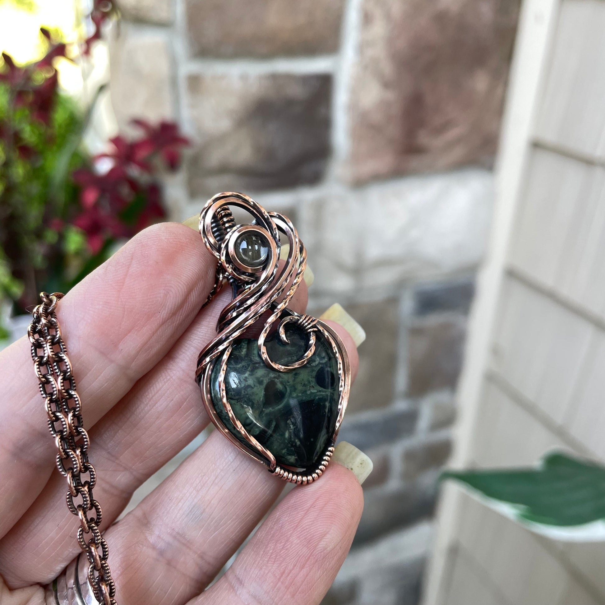 Kambaba Jasper Heart Pendant in Oxidized Copper