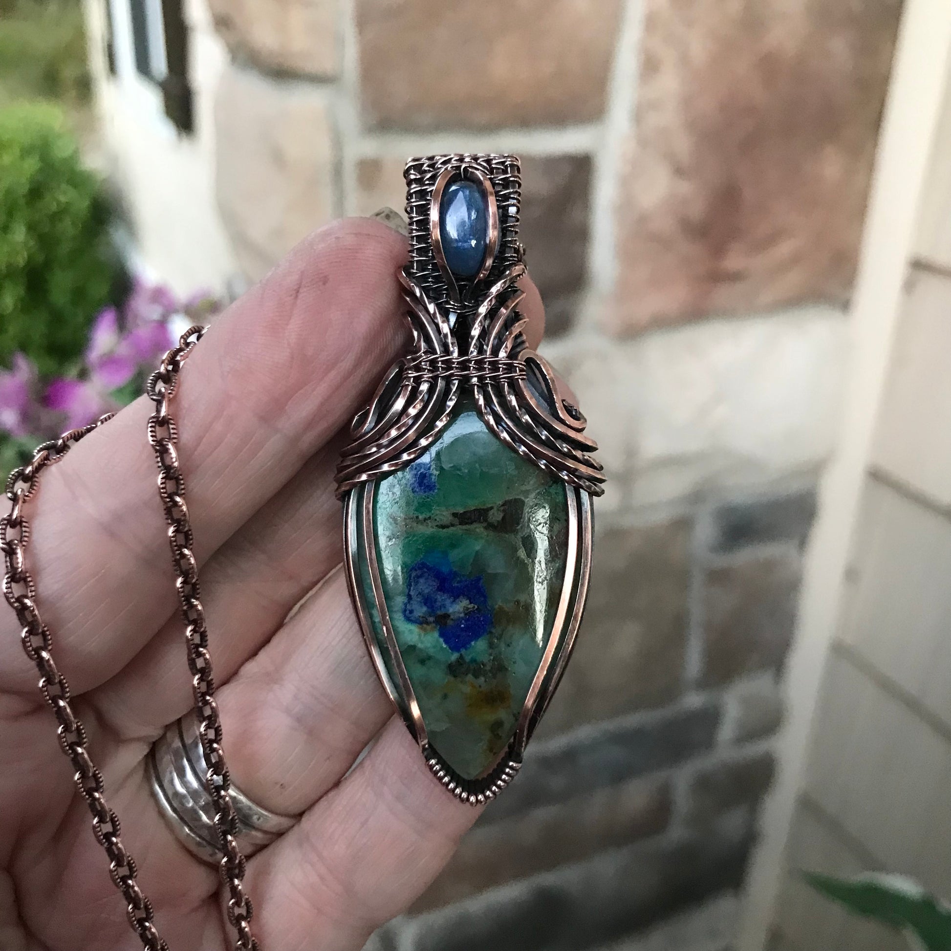 Azurite & Kyanite Copper Pendant with Woven Bail