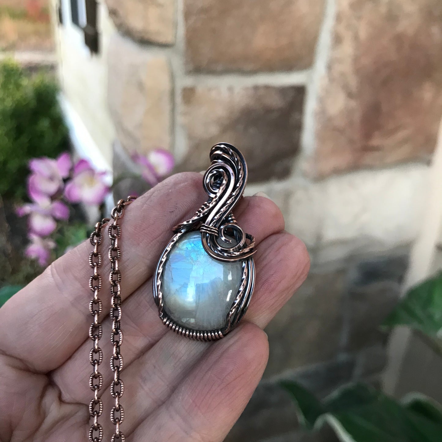 moonstone small round copper pendant