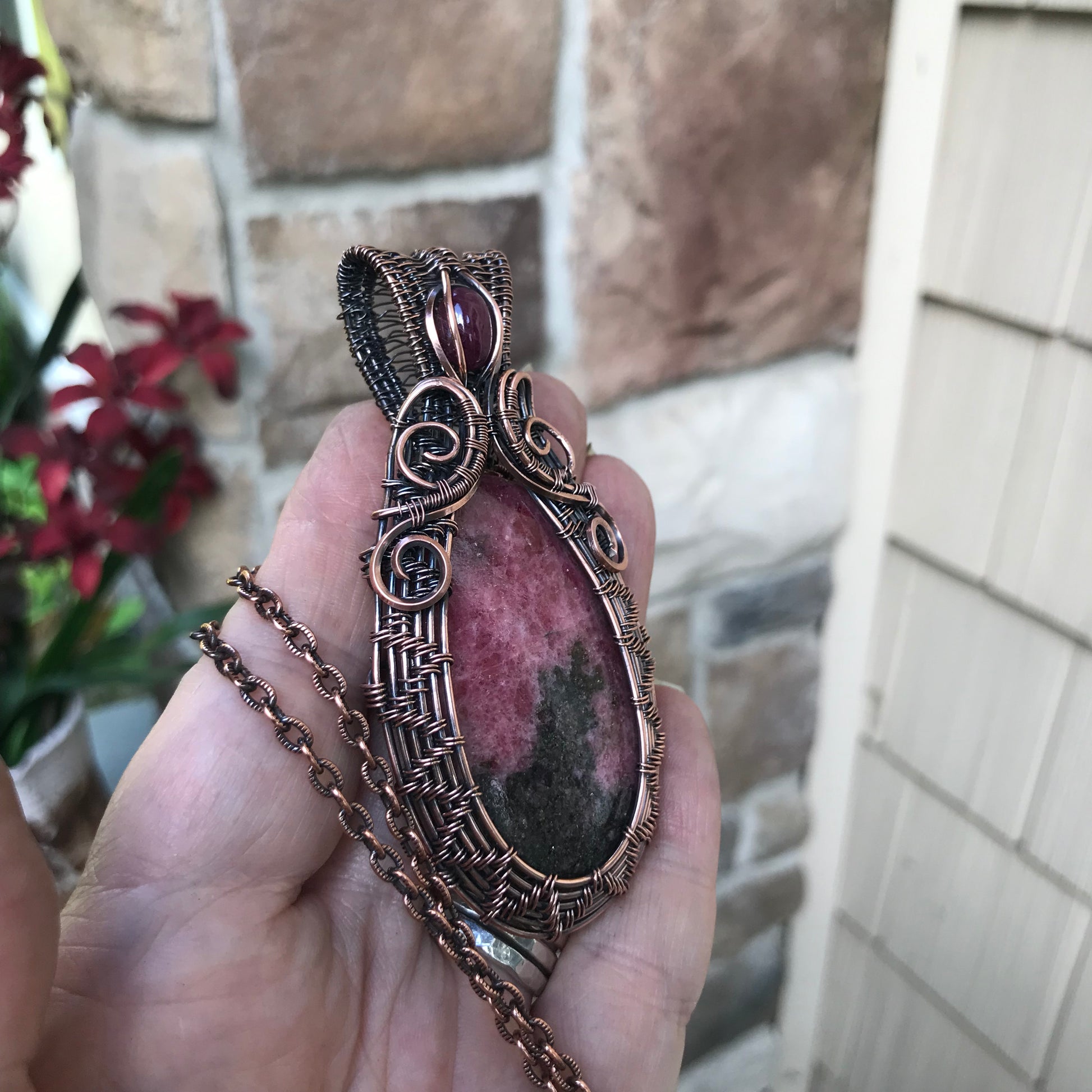 Rhodonite & Ruby Woven Copper Pendant
