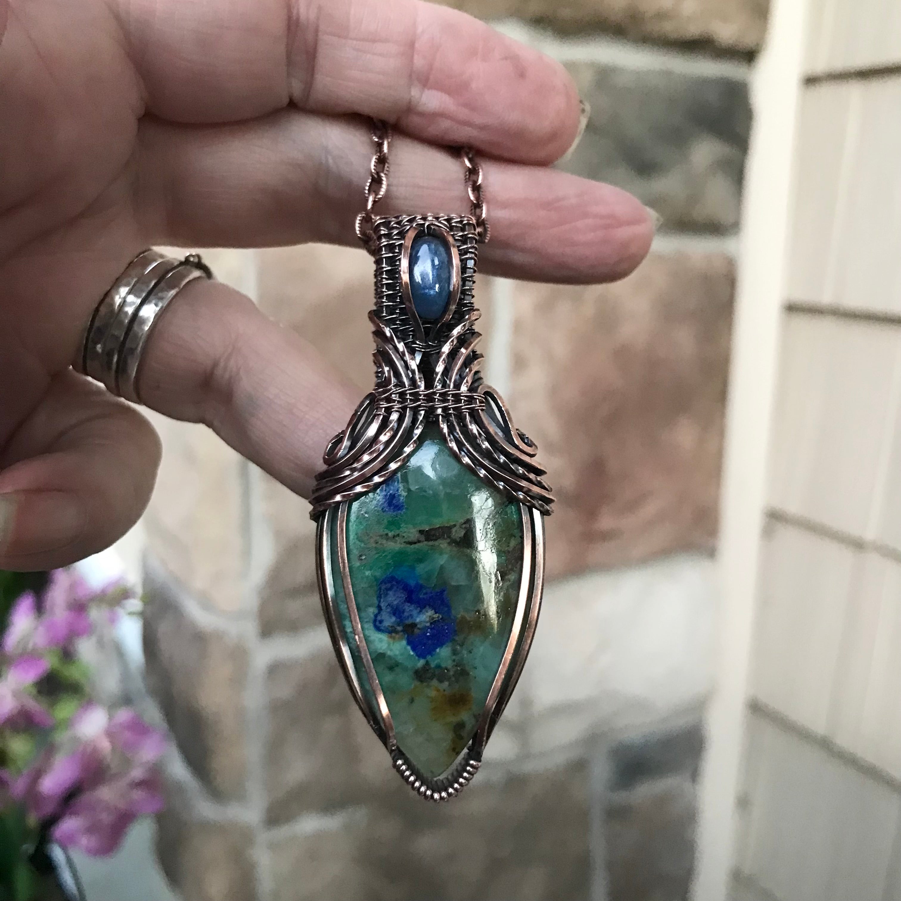 Azurite & Kyanite Copper Pendant with Woven Bail
