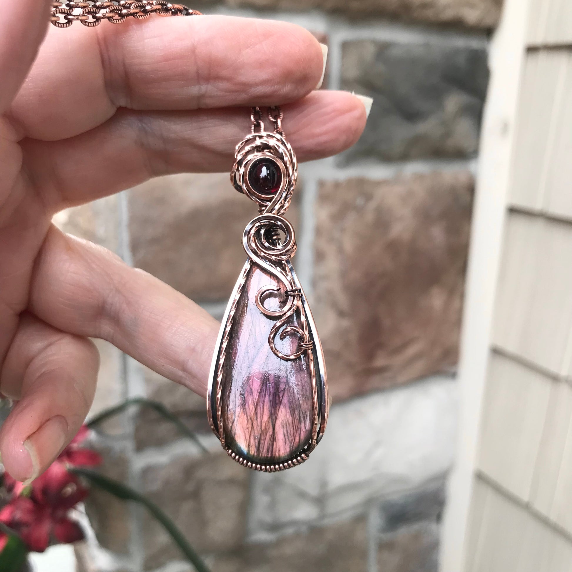 Maroon Amber Labradorite & Garnet Copper Pendant