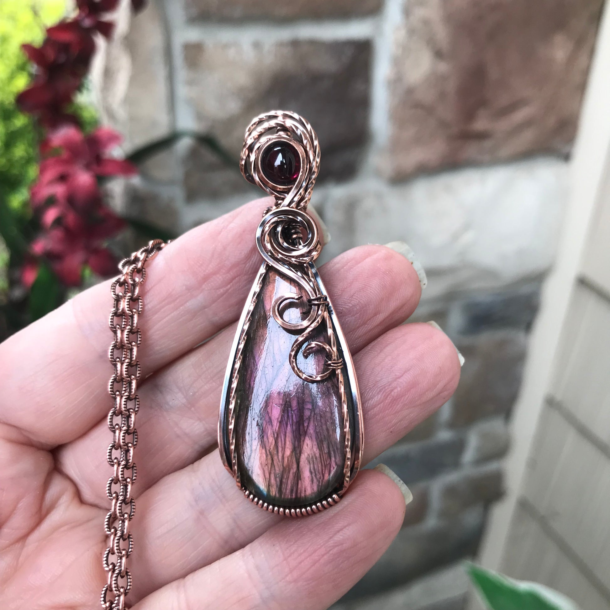 Maroon Amber Labradorite & Garnet Copper Pendant