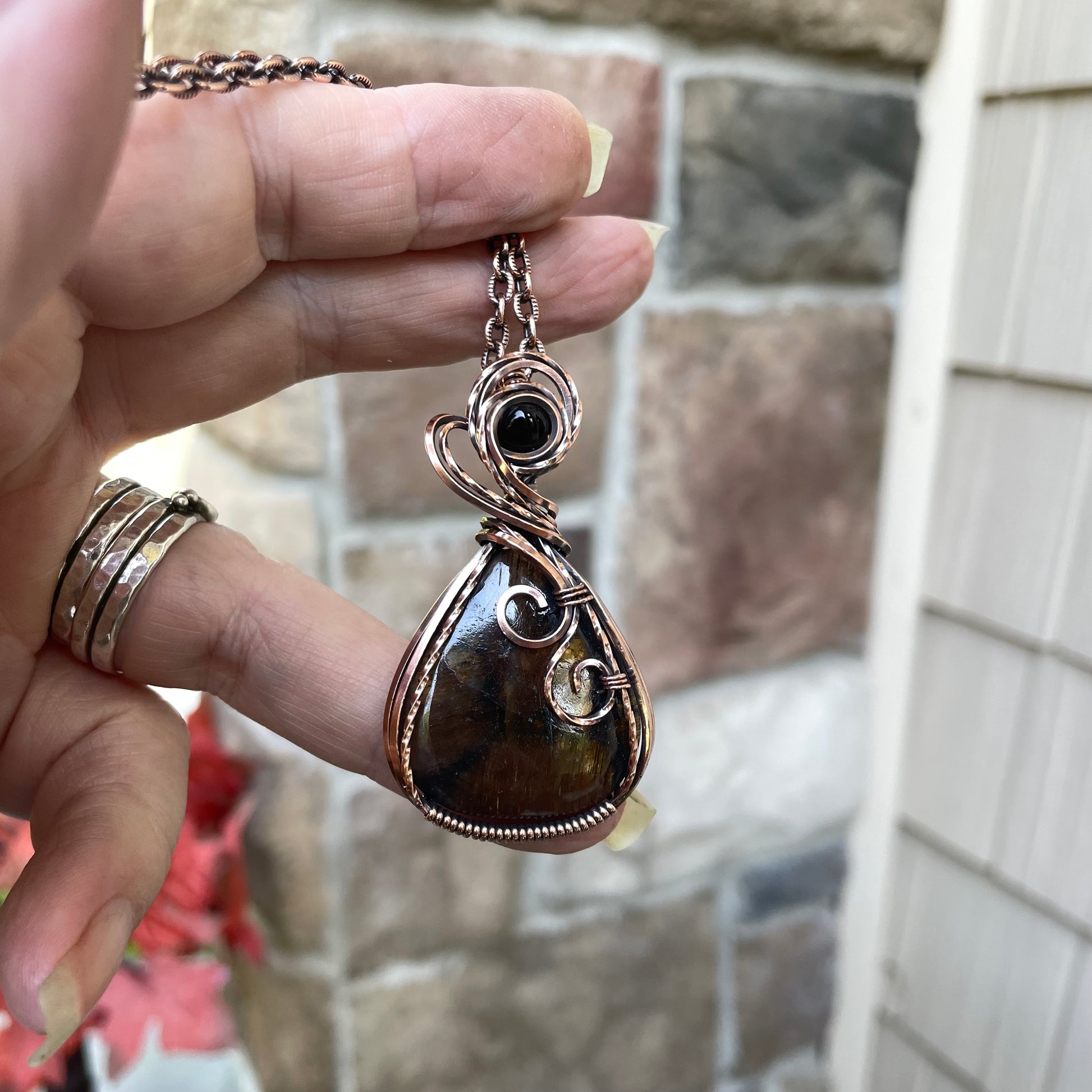 Chiastolite & Smoky Quartz Copper Necklace