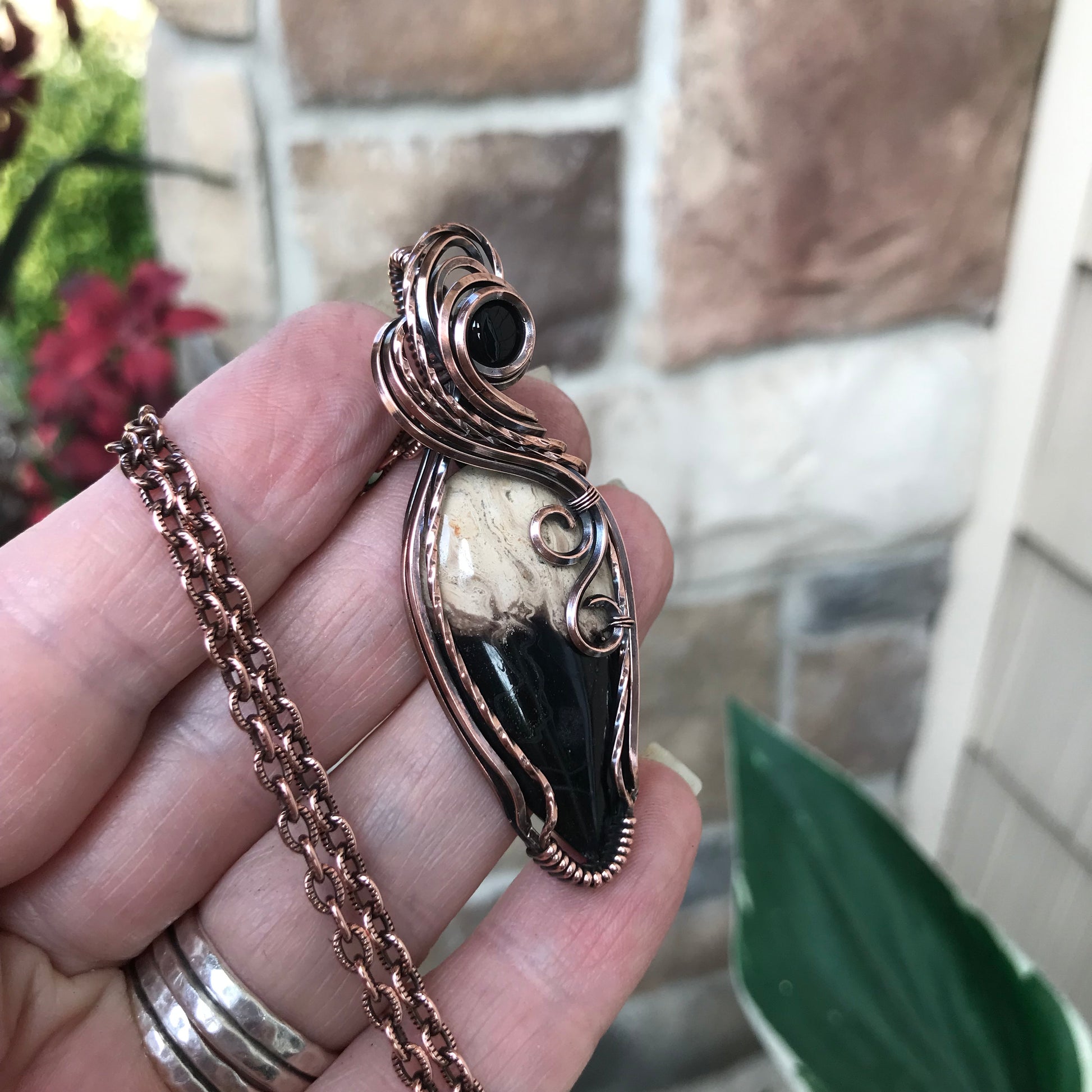 Petrified Palm Root & Black Onyx Copper Necklace