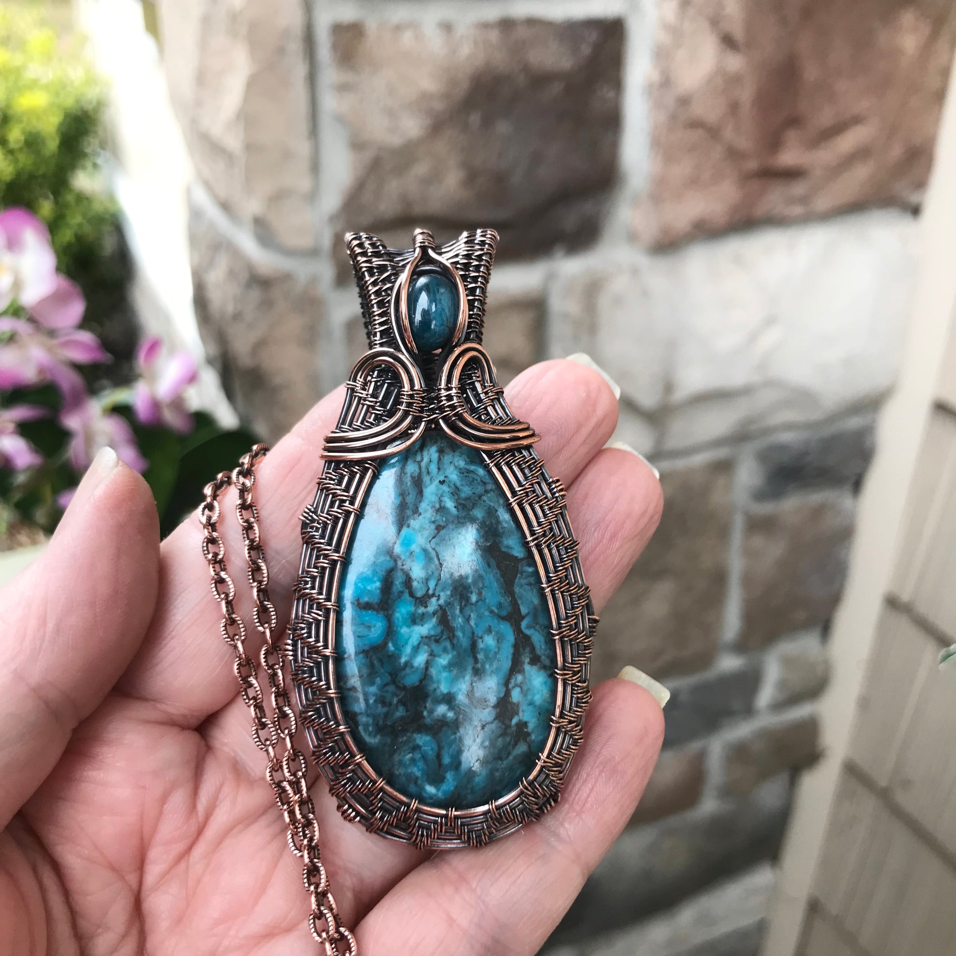 Turquoise with Apatite Woven Copper Pendant