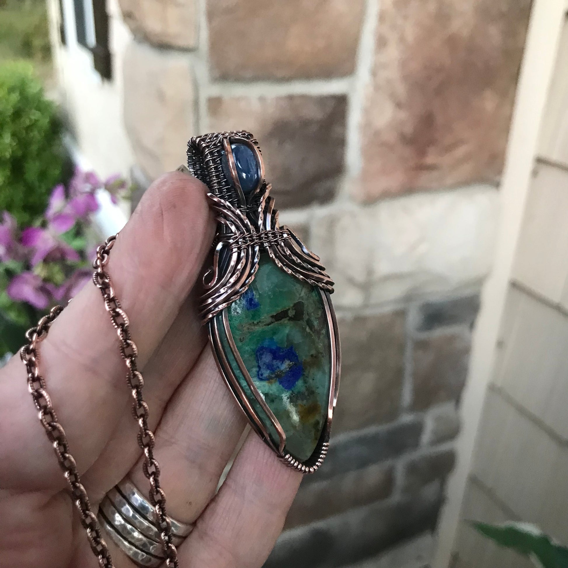 Azurite & Kyanite Copper Pendant with Woven Bail