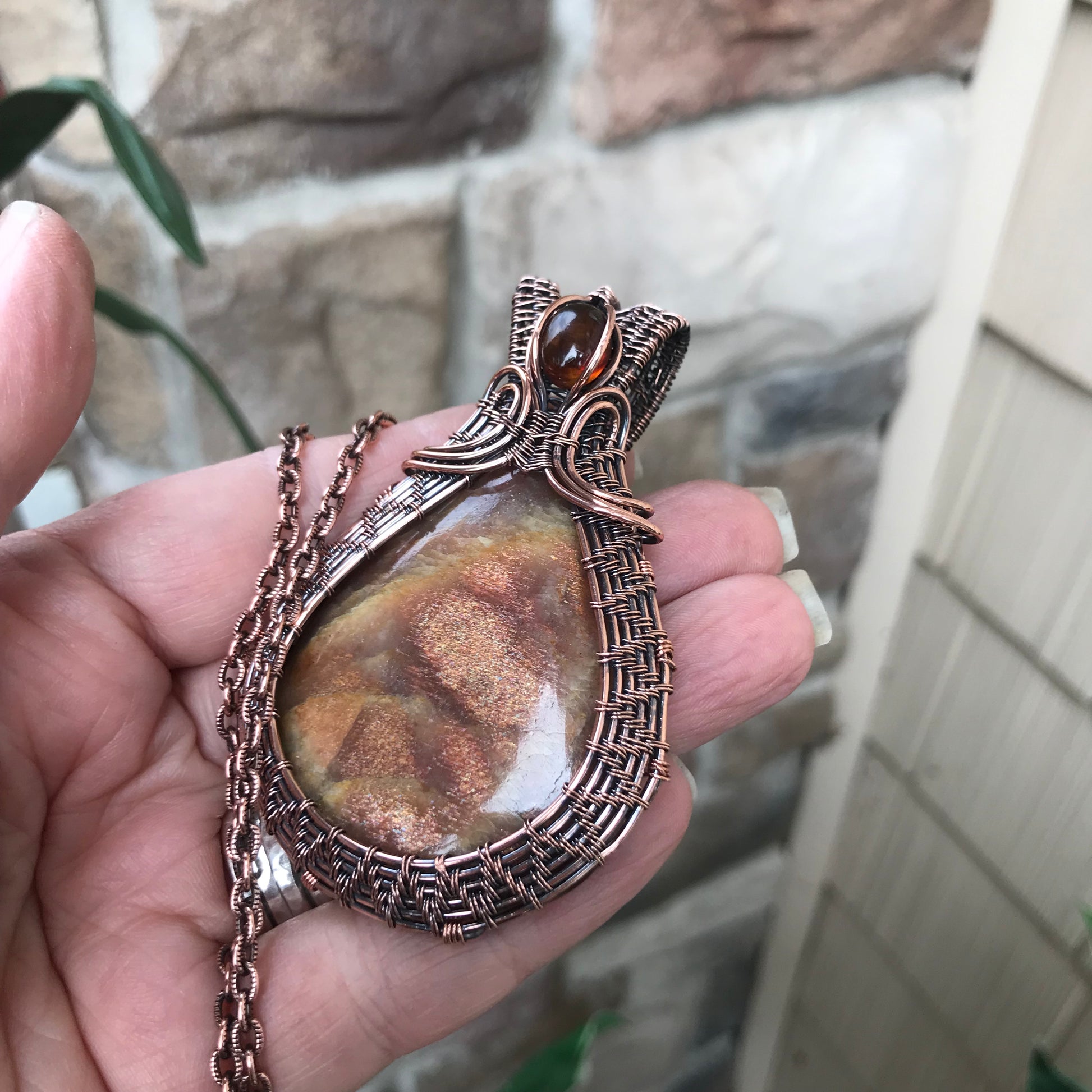 Sunstone & Amber Copper Woven Pendant