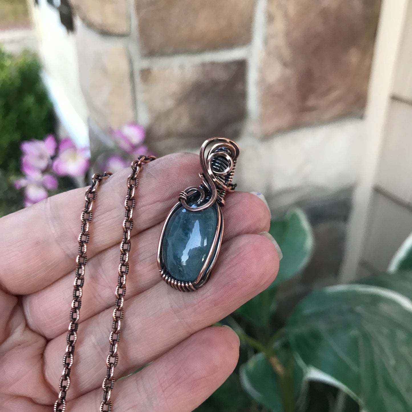 Aquamarine Oval Swirly Copper Necklace