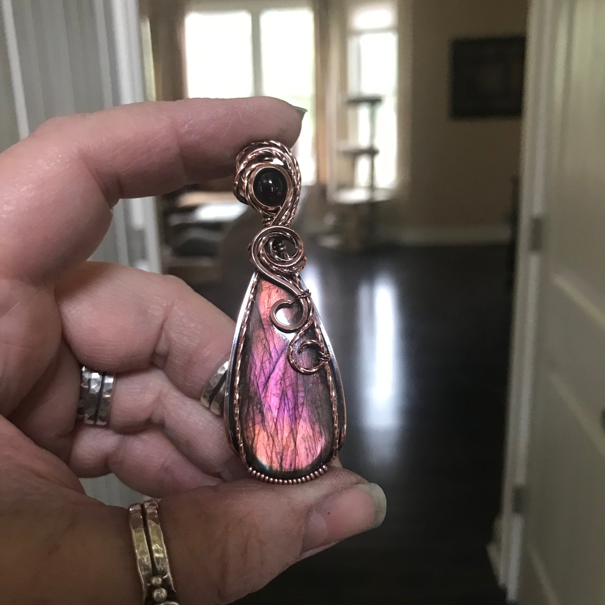 Maroon Amber Labradorite & Garnet Copper Pendant