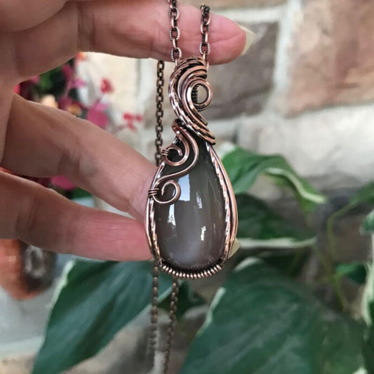 Gray Moonstone Copper Necklace with Swirls