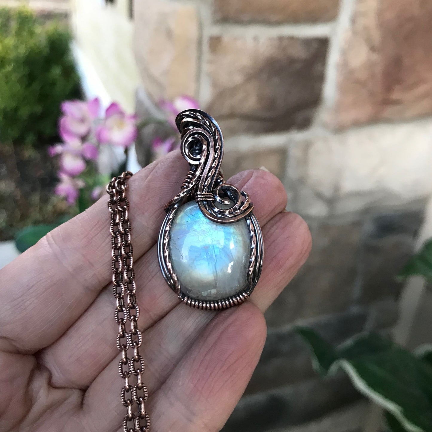 moonstone small round copper pendant