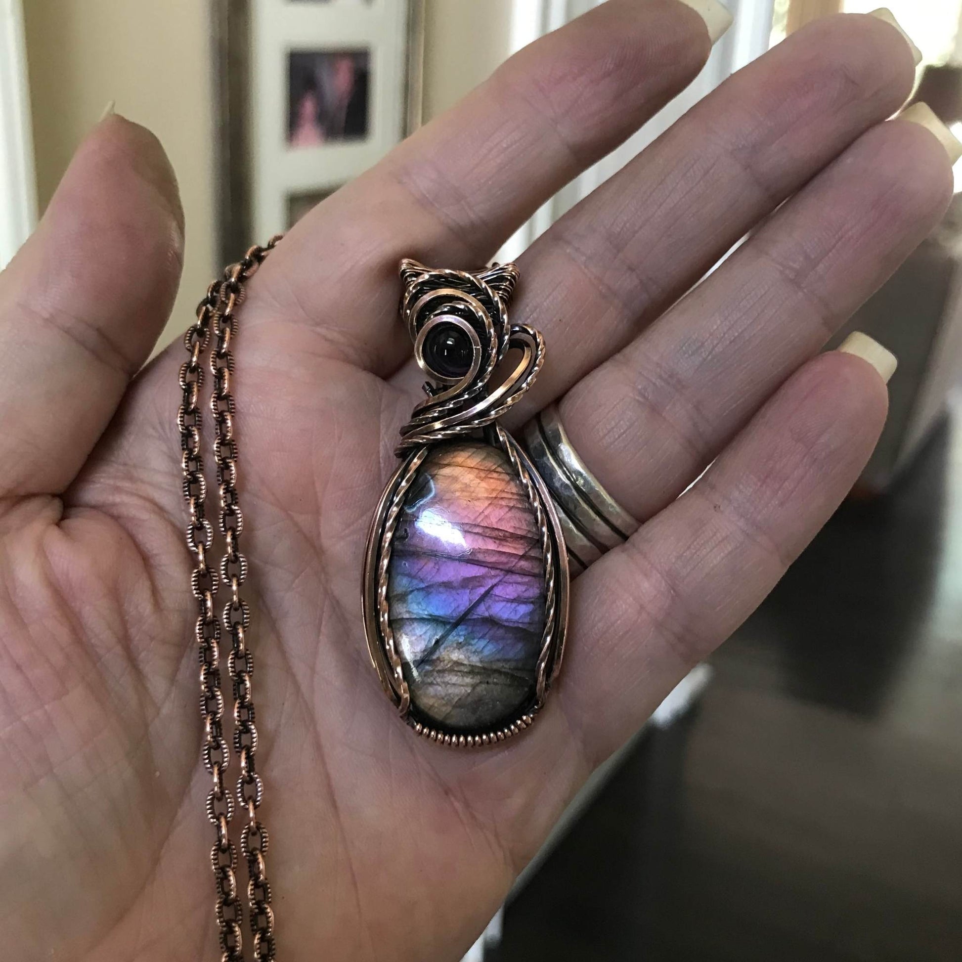 Rainbow Labradorite & Amethyst Oval Copper Pendant