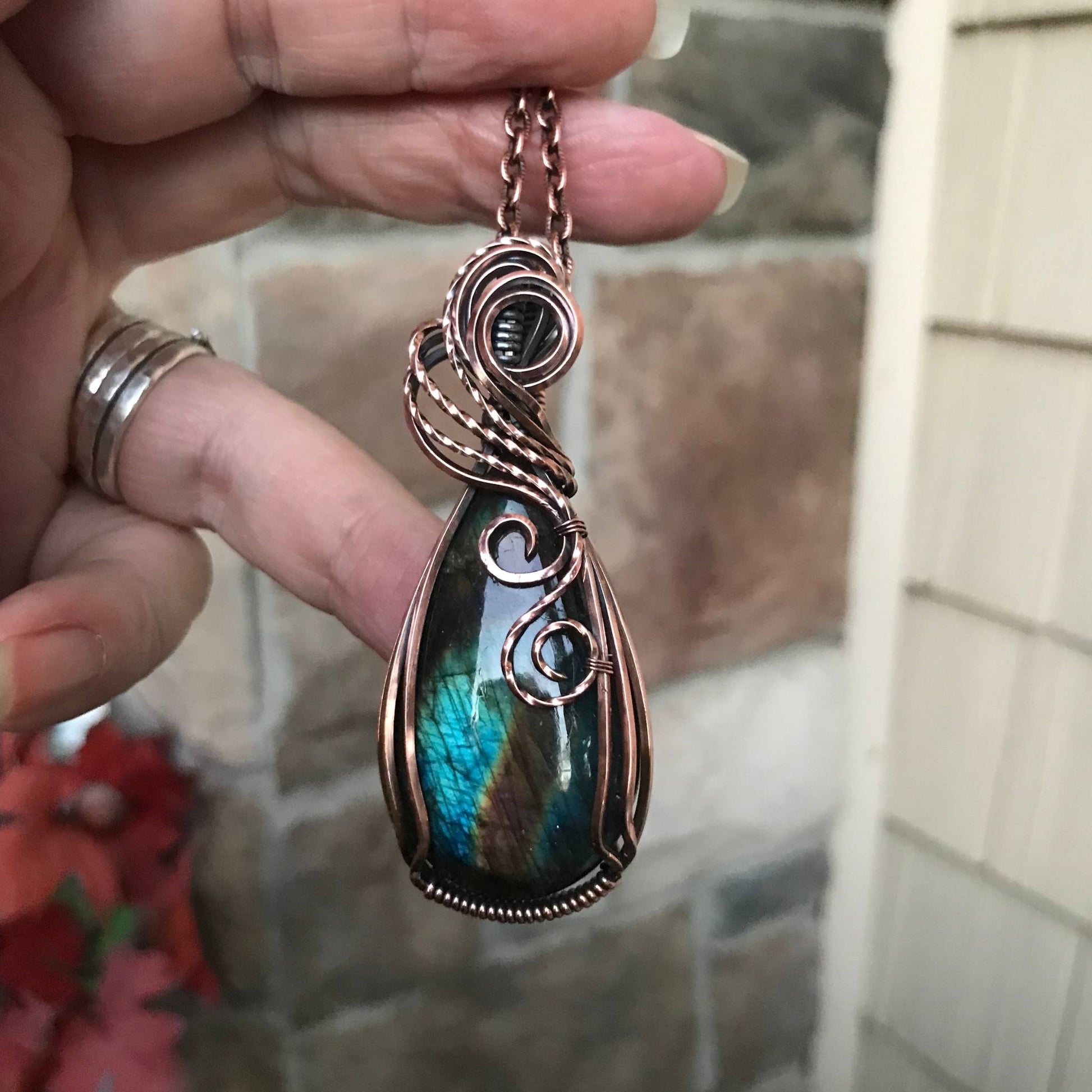 Teal Purple Labradorite Copper Pendant