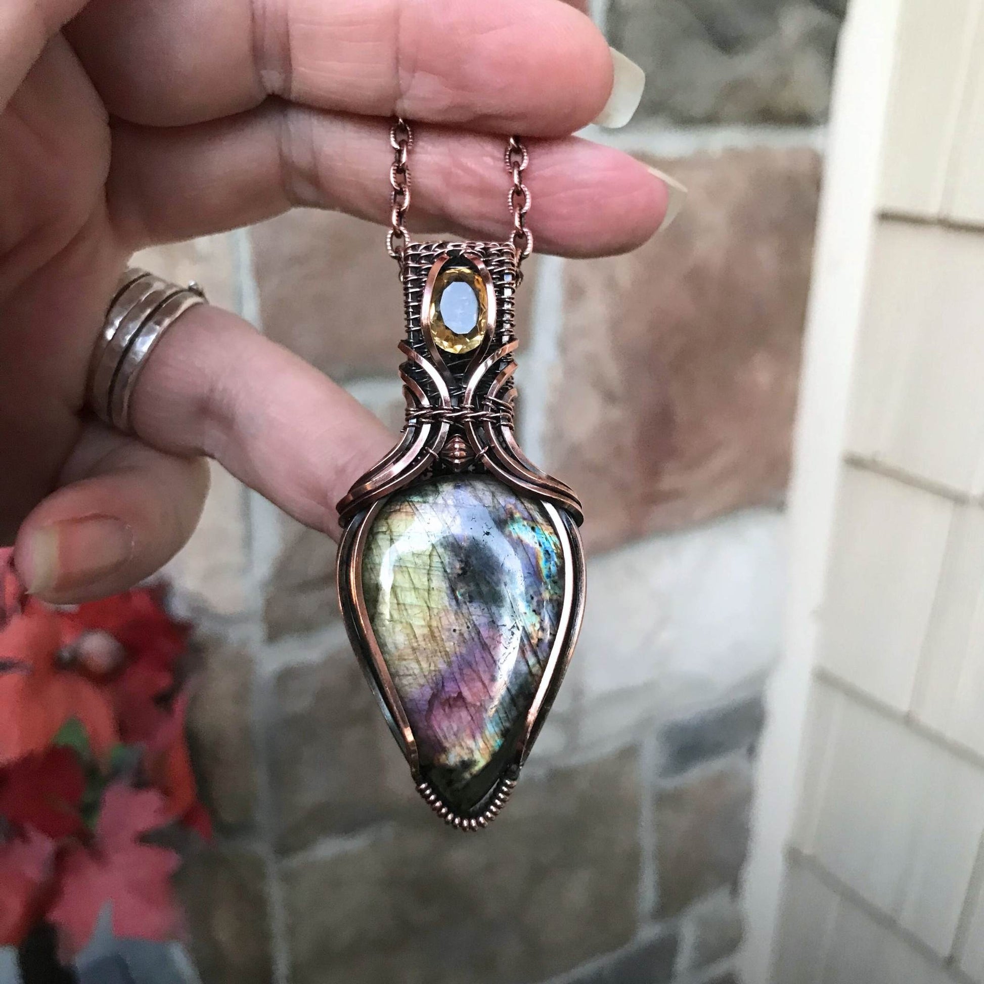 Yellow Pink Labradorite & Citrine Copper Necklace with Woven Bail