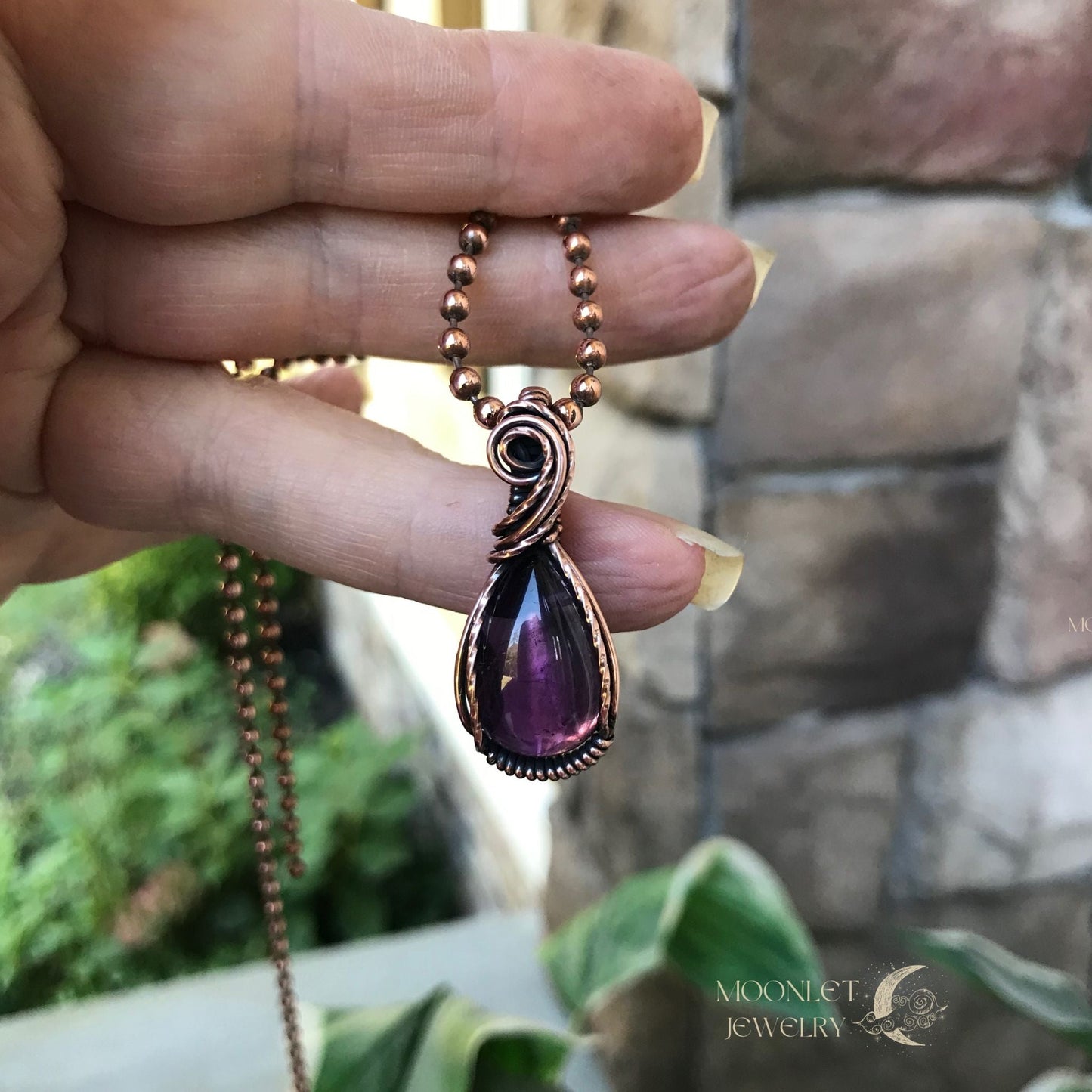 amethyst mini teardrop copper wire wrap necklace moonlet jewelry