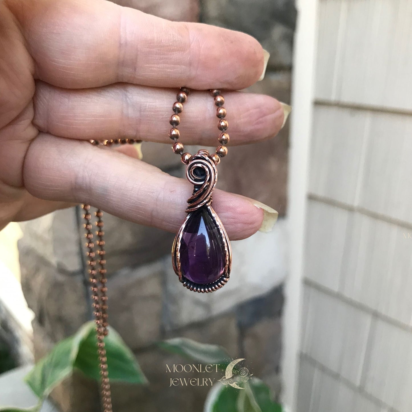 amethyst mini teardrop copper wire wrap necklace moonlet jewelry