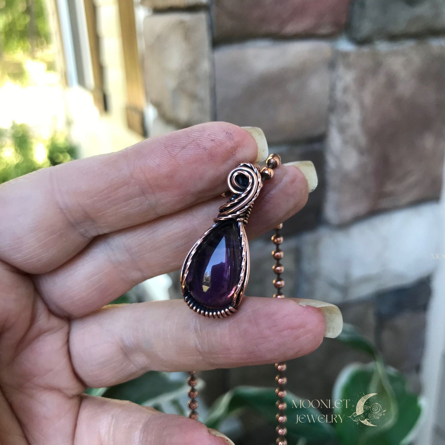 amethyst mini teardrop copper wire wrap necklace moonlet jewelry
