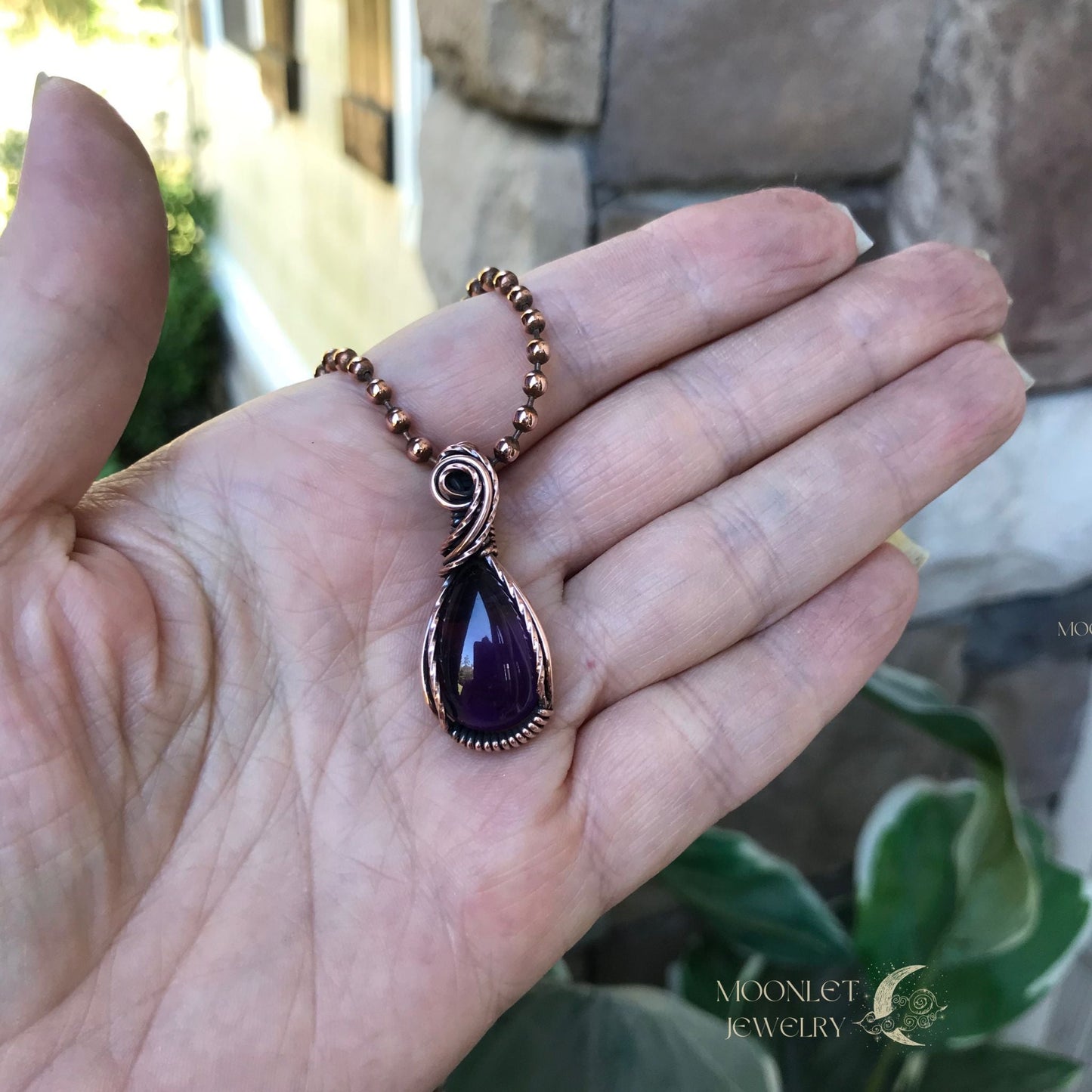amethyst mini teardrop copper wire wrap necklace moonlet jewelry