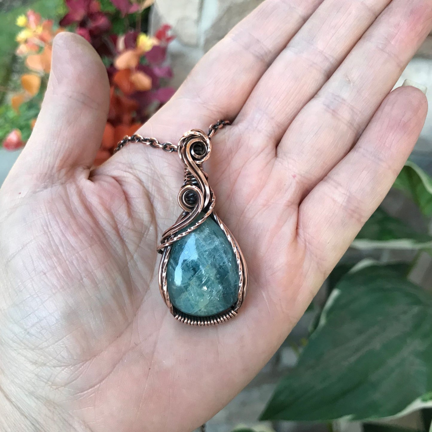 aquamarine small teardrop copper pendant