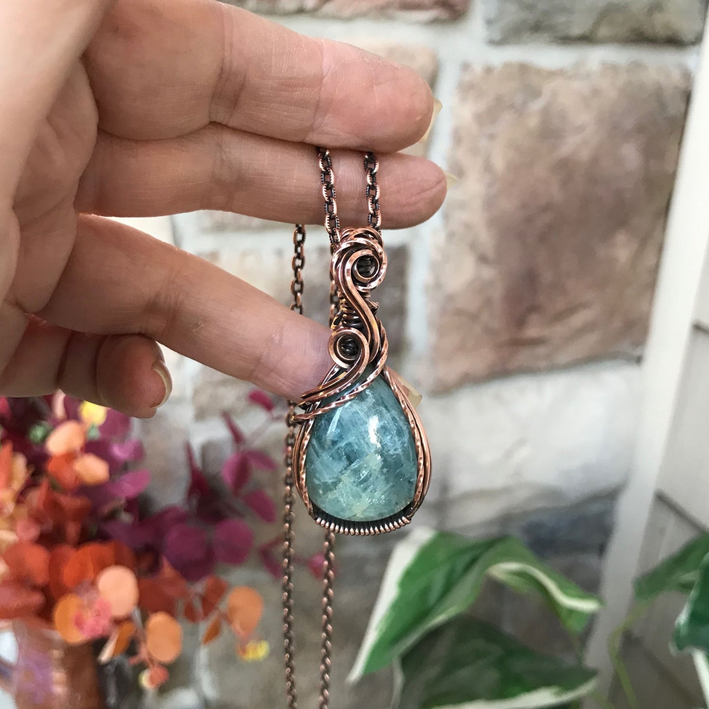 aquamarine small teardrop copper pendant