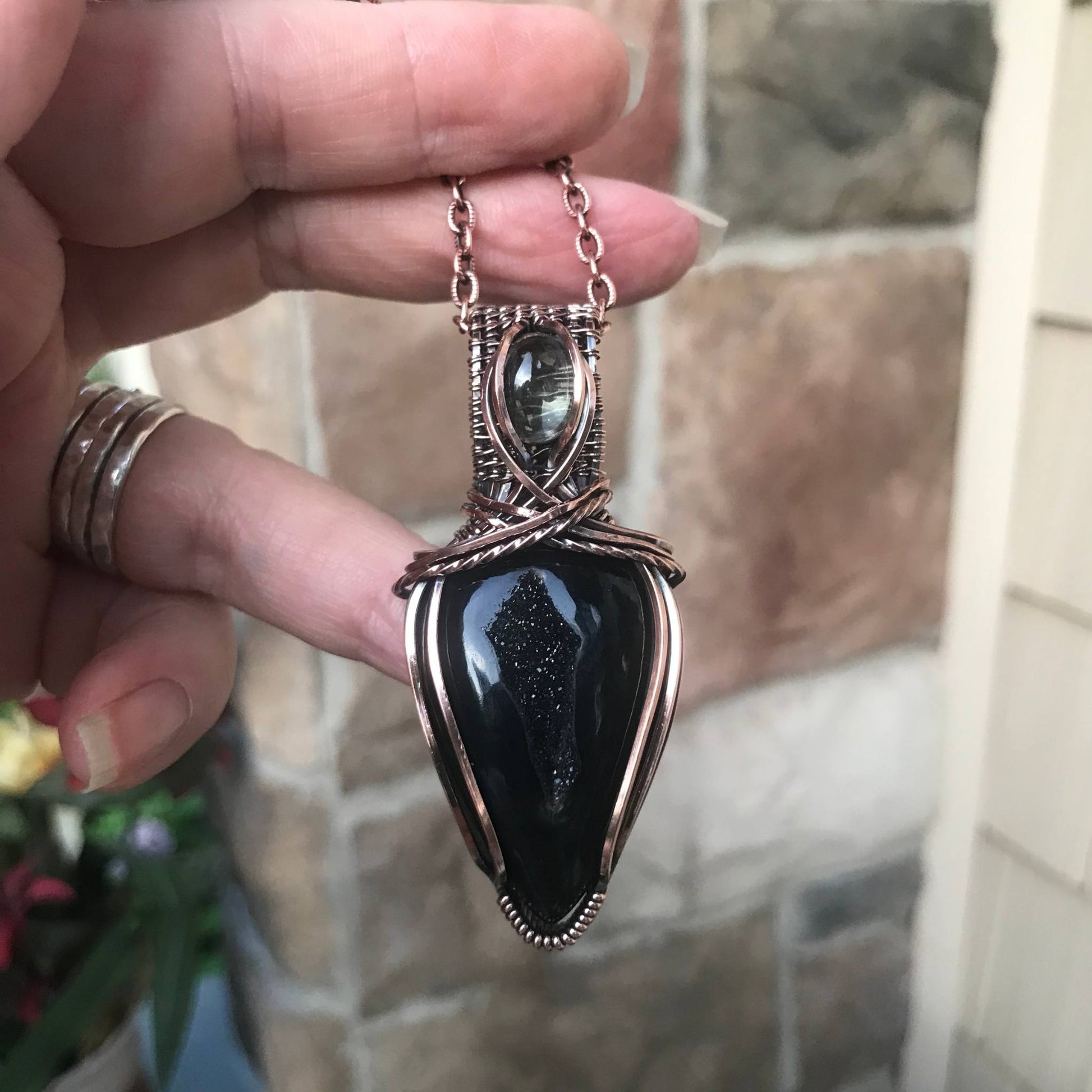 Black onyx druzy with prasiolite copper wire wrapped pendant by Moonlet Jewelry