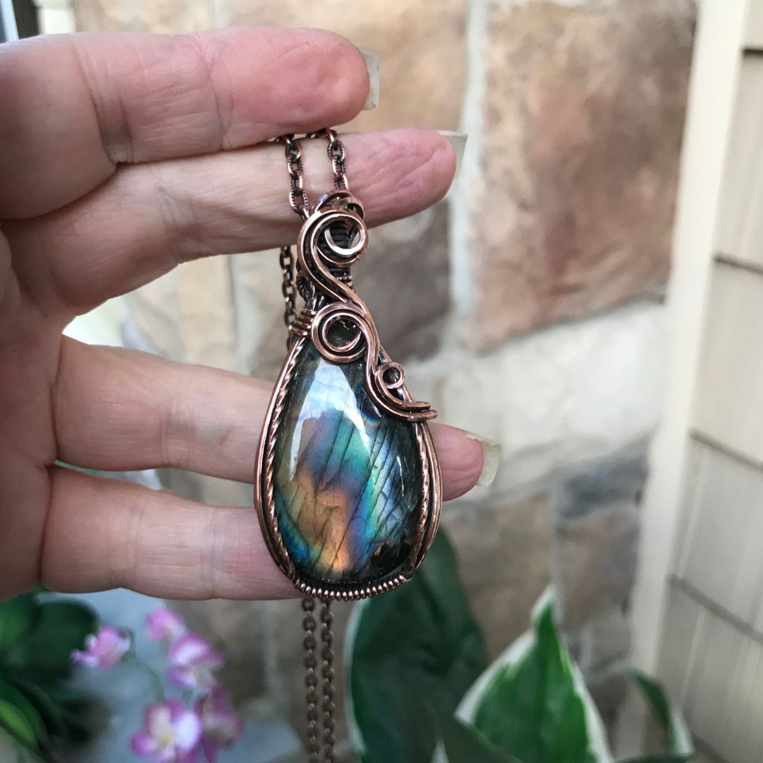 blue yellow gold labradorite copper pendant