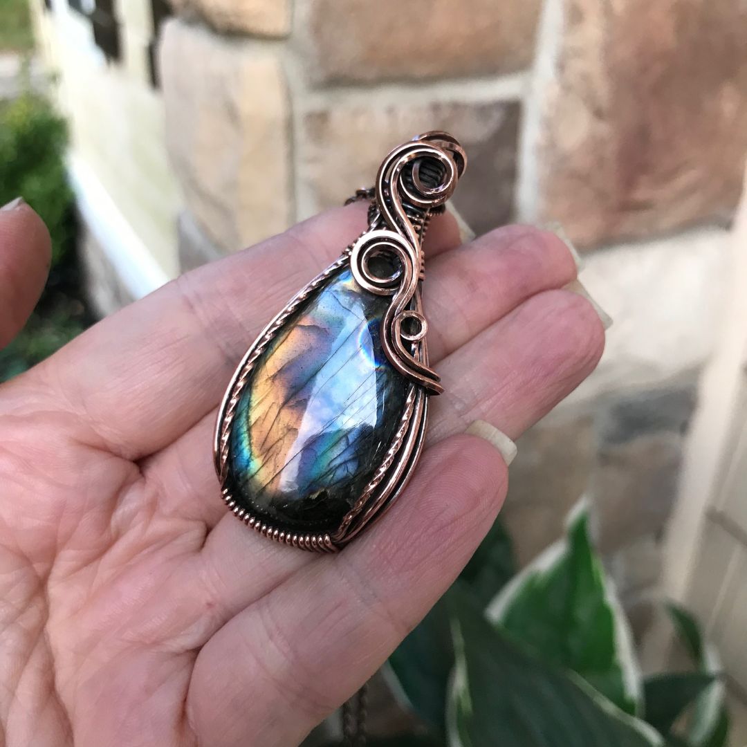blue yellow gold labradorite copper pendant