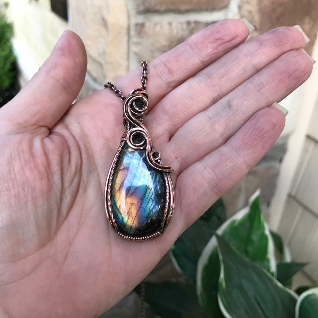 blue yellow gold labradorite copper pendant