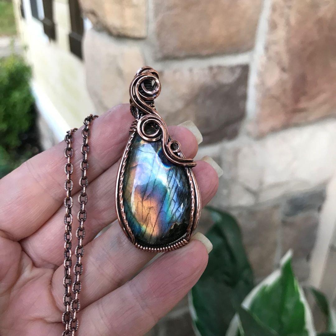 blue yellow gold labradorite copper pendant