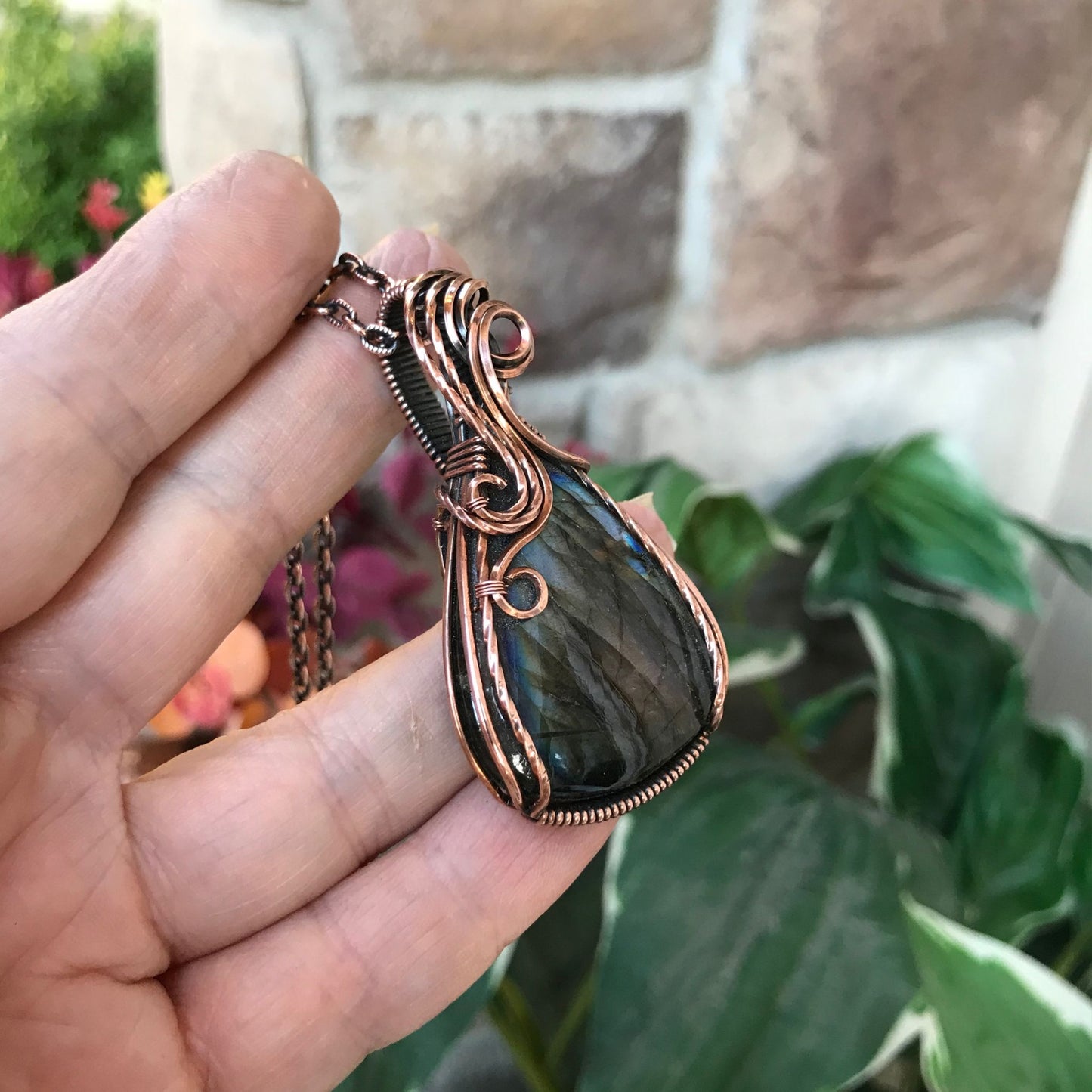 silver blue purple labradorite teardrop swirly copper pendant