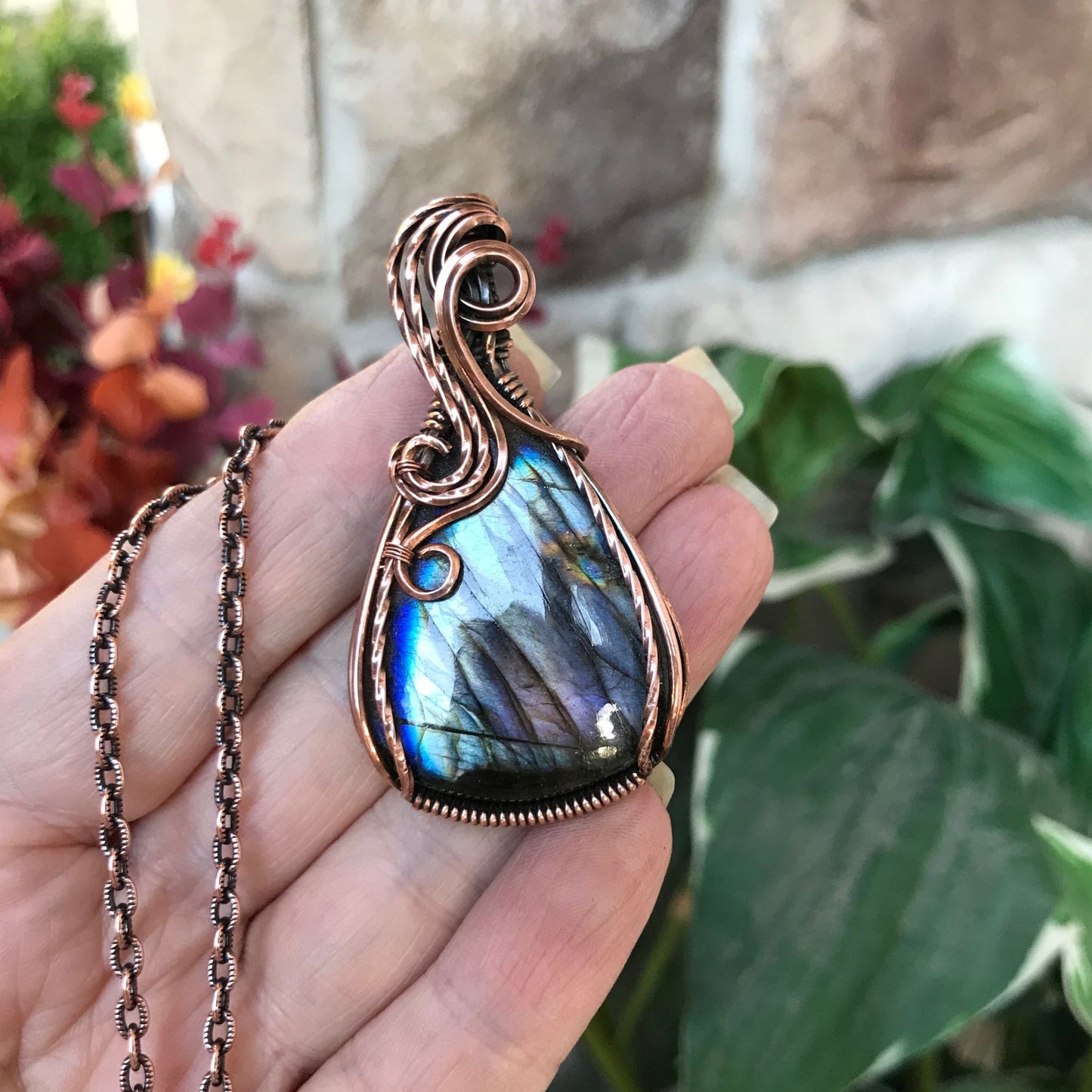 silver blue purple labradorite teardrop swirly copper pendant