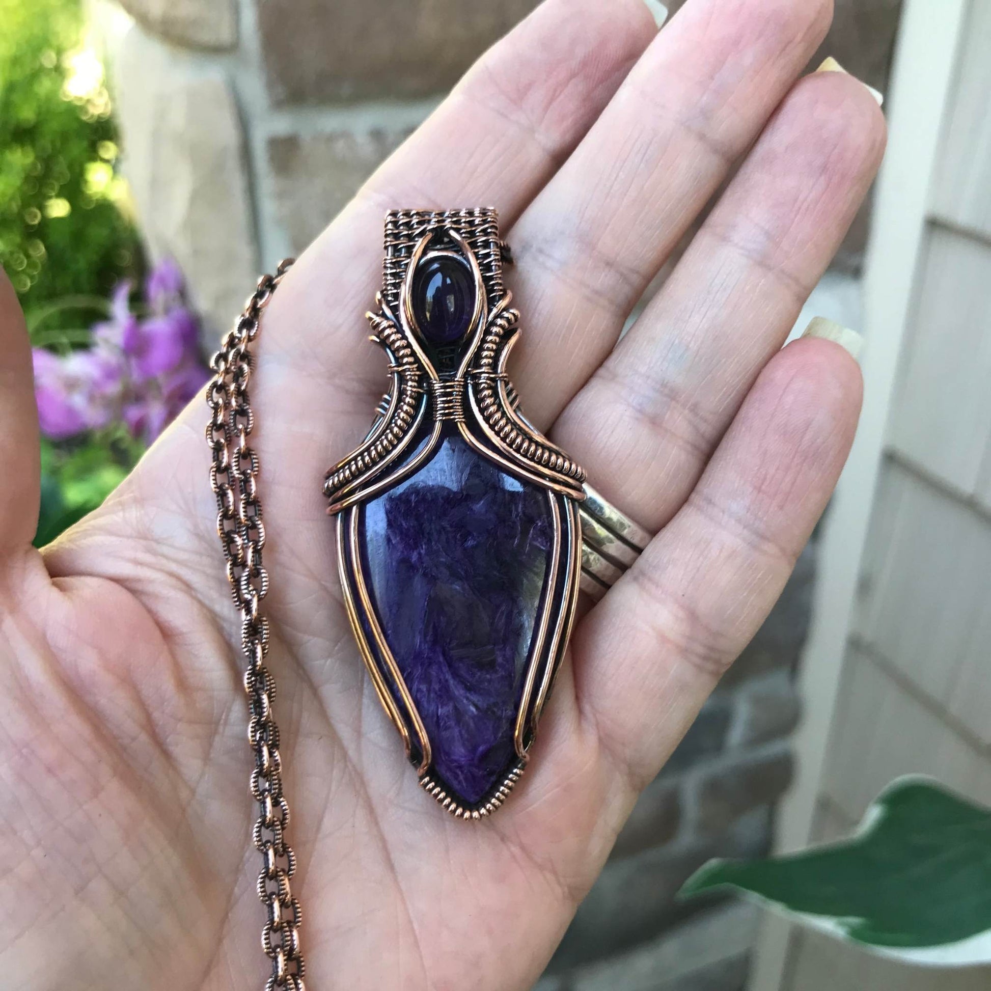 Charoite & Amethyst Copper Necklace with Woven Bail