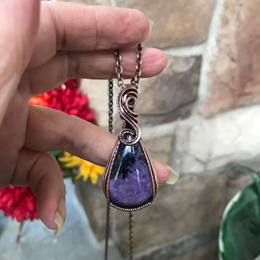 charoite small teardrop swirl copper necklace