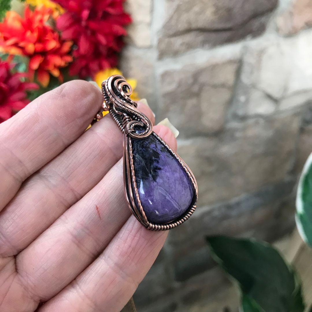 charoite small teardrop swirl copper necklace