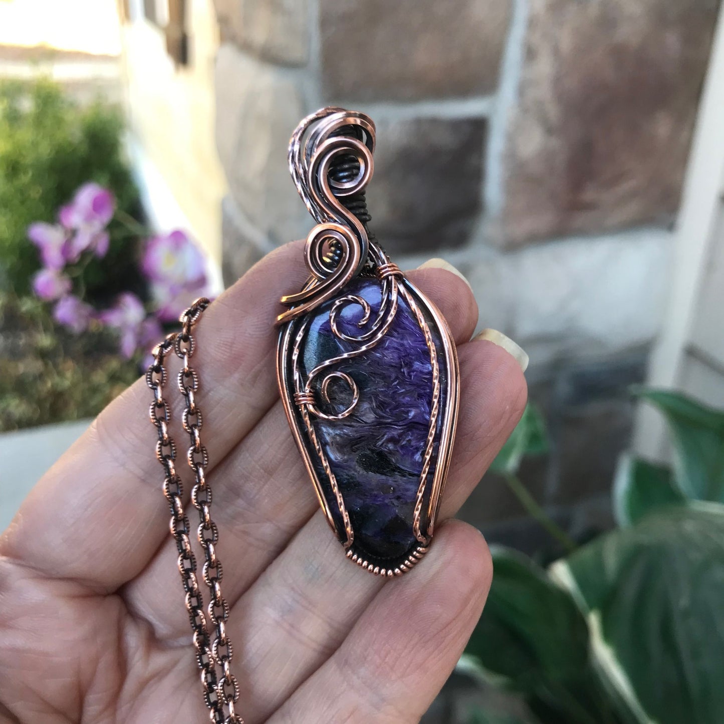 charoite textured swirl copper pendant