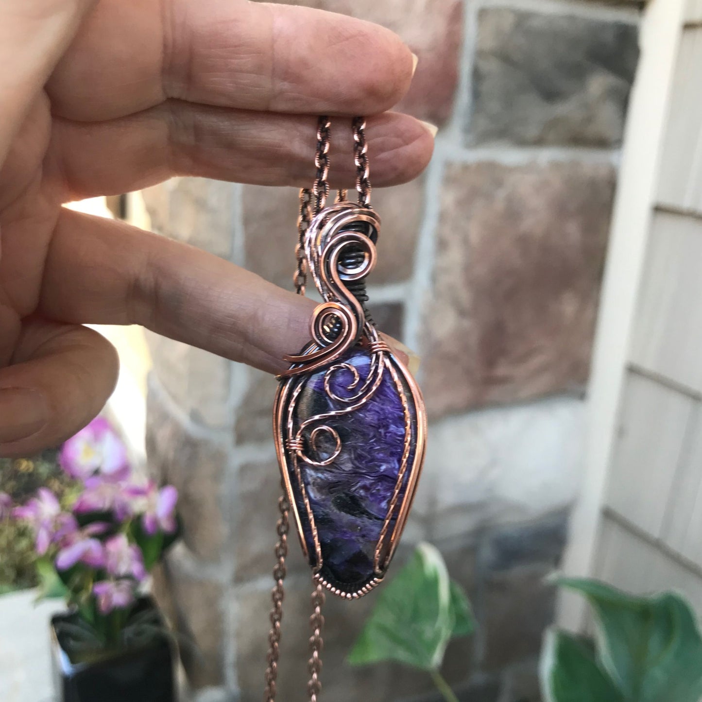 charoite textured swirl copper pendant